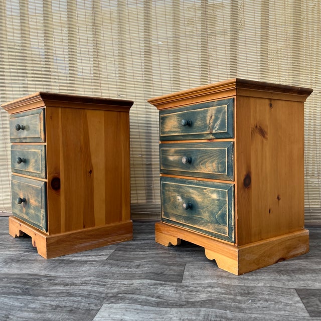 A Pair of Vintage Rustic Style Nightstands by Mastercraft Furniture. Circa 1970s Features a solid-wood frame in a natural...