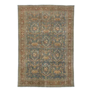 Antique Classic Persian Tabriz Wool Rug in Blue With Floral Pattern