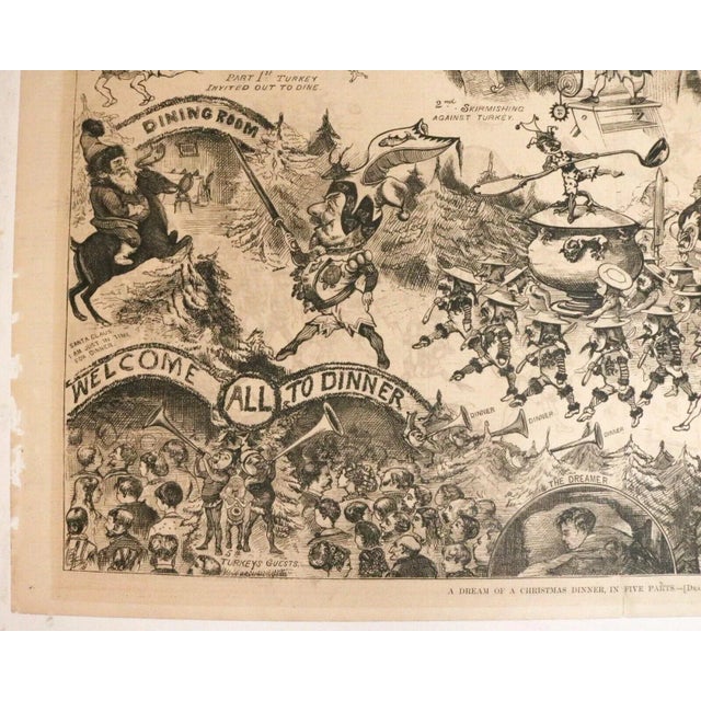 1874 "A Dream of a Christmas Dinner, in Five Parts" Harper's Weekly Engraving Centerfold by Thomas Worth, Framed For Sale In Portland, ME - Image 6 of 11