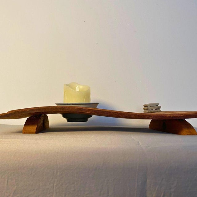 c.1980s Chinoiserie Reclaimed Wood Wave Lamp — Ceramic Bowl Sculptural Light For Sale - Image 6 of 6