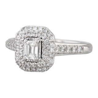 0.75ctw Emerald Cut Diamond Halo Engagement Ring 14k White GoldSize 7 For Sale