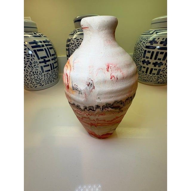 Boho Chic Nemadji Swirl Vase in Red Orange & Gray Studio Pottery For Sale - Image 11 of 12