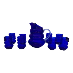 1930s Harpo Cobalt by Louie Glass Company Pitcher and Tumblers Set- 9 Pieces