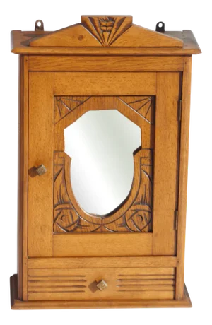 Small Art Deco Wooden Apothecary Wall Cabinet with Mirror and Carved Details