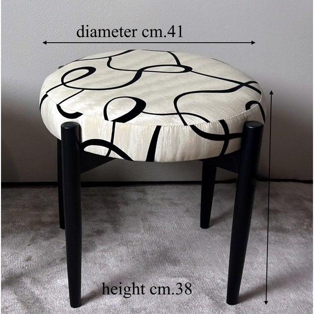 1950s Vintage Pair of Round Italian Stools in Ebonized Wood and Dedar Fabric For Sale - Image 12 of 12