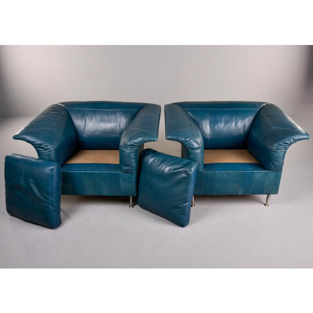 Vintage Poltrona Frau Teal Leather Chairs - Pair For Sale - Image 12 of 12