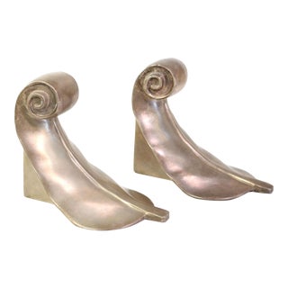 Vintage 1940s French Brass Art Deco Stylized Scroll Leaf Bookends - a Pair For Sale