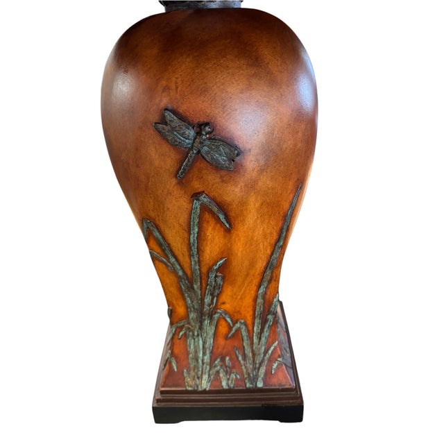 Japanese Sculptural Nature-Inspired Table Lamp With Ribbed Bamboo Shade, Dragonfly and Frog Finial For Sale - Image 3 of 11