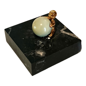Gold Plated Boy Holding a Large Jade Sphere on a Carrara Marble Base