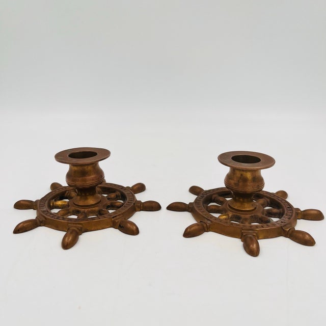 Vintage Brass Nautical Ship's Wheel Candlestick Holders - Set of Two For Sale - Image 9 of 11