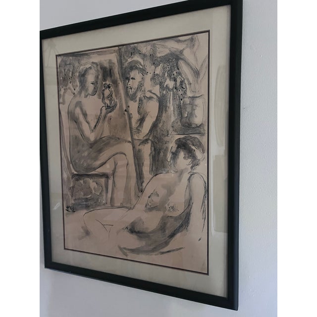Mid-Century Modern Monochromatic Figurative Watercolor of Reclining Nudes For Sale In West Palm - Image 6 of 10