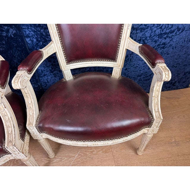 Louis XVI Convertible Armchairs in Lacquered Wood and Leather, 1850, Set of 2 For Sale - Image 5 of 10