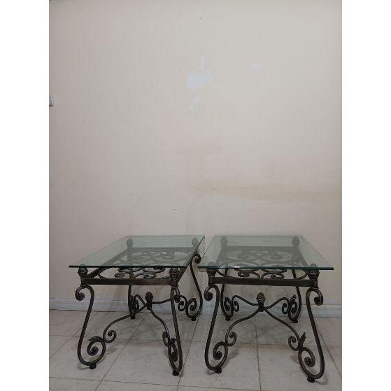 French Vintage Wrought Iron French Black End Table Beveled Glass Top Ornate Rectangular For Sale - Image 3 of 6