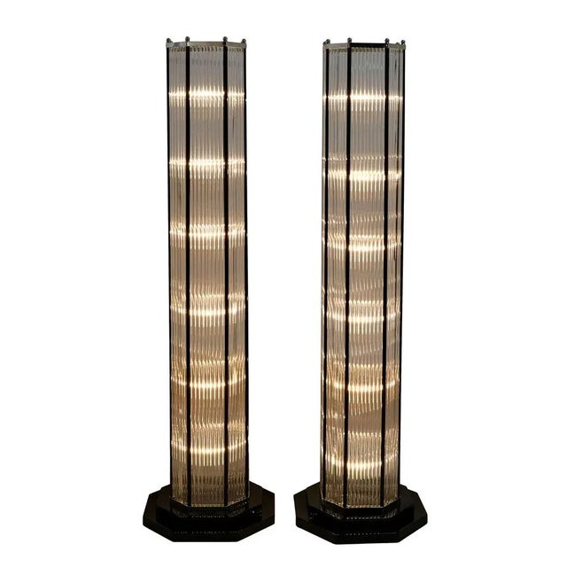 Floor Lamp in Art Deco Style with Glass Rods. Octagonal graduated bases in black lacquer. Contemporary construction from...