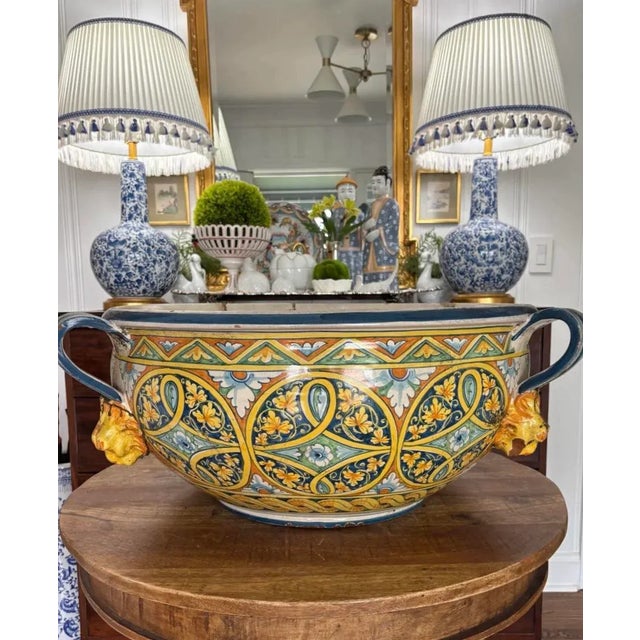 Absolutely monumental oversized Italian pottery centerpiece bowl in classic southern Italy colors of gold and blue....