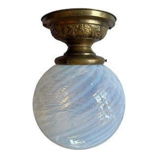 Antique Large Phoenix Glass Ceiling Globe Light With Embossed Brass Mount For Sale