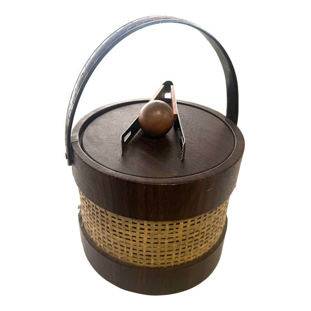 Vintage Mid-Century Modern Ice Bucket Faux Wood Grain Finish With a Rattan or Wicker Overlay. Made in Usa. For Sale