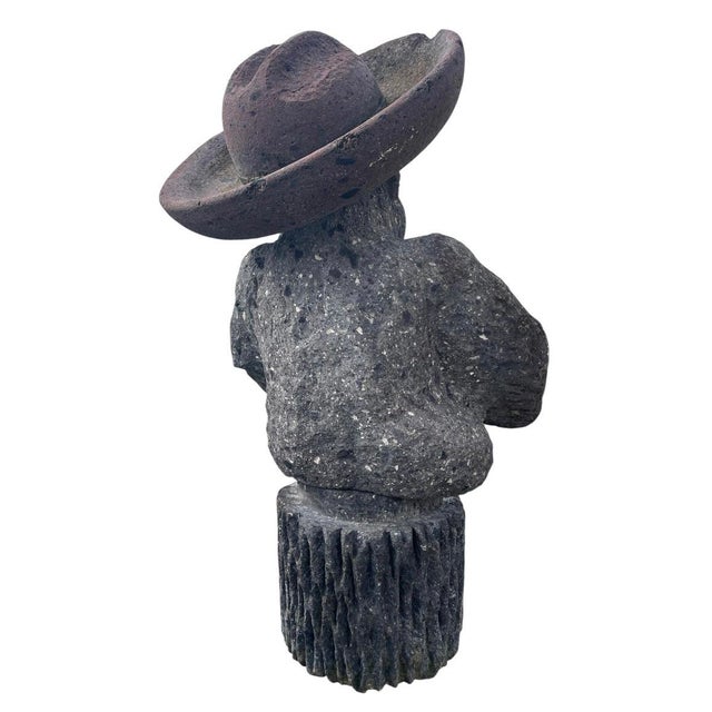 Vintage Hand-Carved Volcanic Stone Whimsical Monkey With Sombrero & Bananas Garden Statue For Sale In West Palm - Image 6 of 12