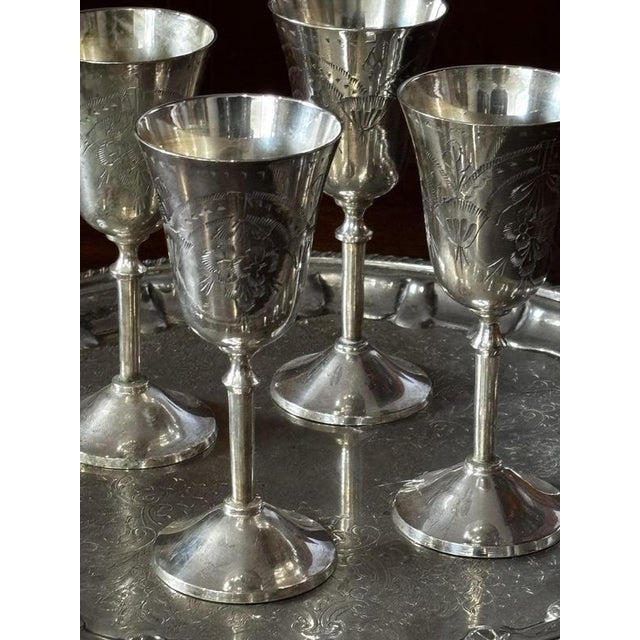 Silver Plate Gallery Drinks Tray with 4 Silver Plate Goblets Sizes- 30.5 cms diameter, Goblets - 13.5 cms tall.