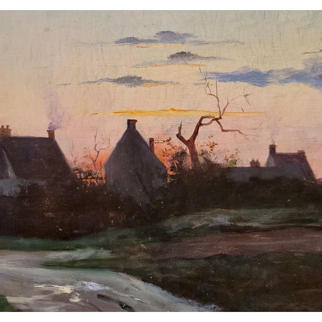 Textile 19th Century French School-Silhouette of a Creepy Village at Dusk-Oil Painting For Sale - Image 7 of 10