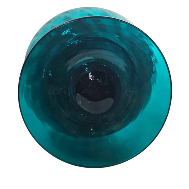 Italian Empoli Teal Turquoise Blue Optic Swirl Vase 13” Pedestal Base Art Glass For Sale In San Francisco - Image 6 of 8