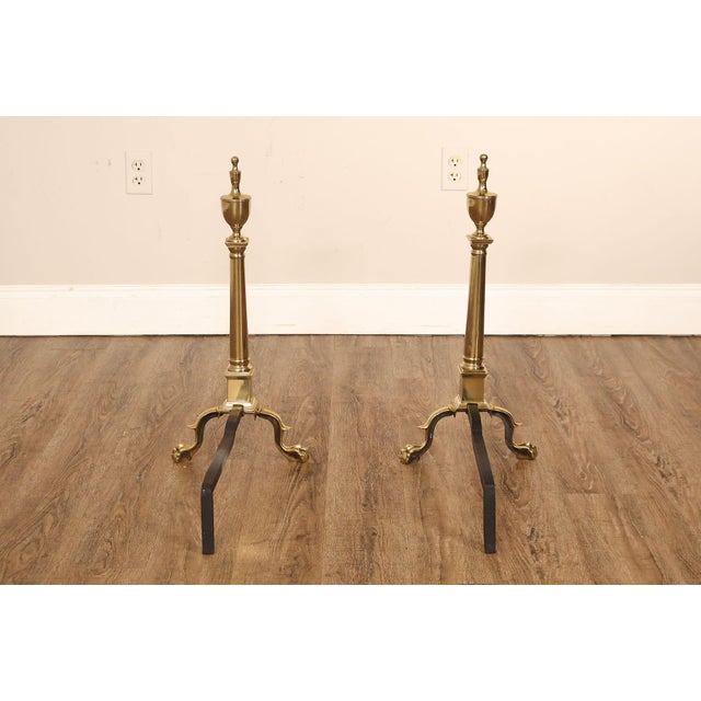 Metal Federal Style Pair Of Brass Andirons For Sale - Image 7 of 18
