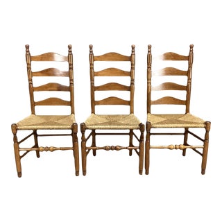 1930s Vintage Rush Bottom Ladder Back Wood Chairs - Set of 3 For Sale