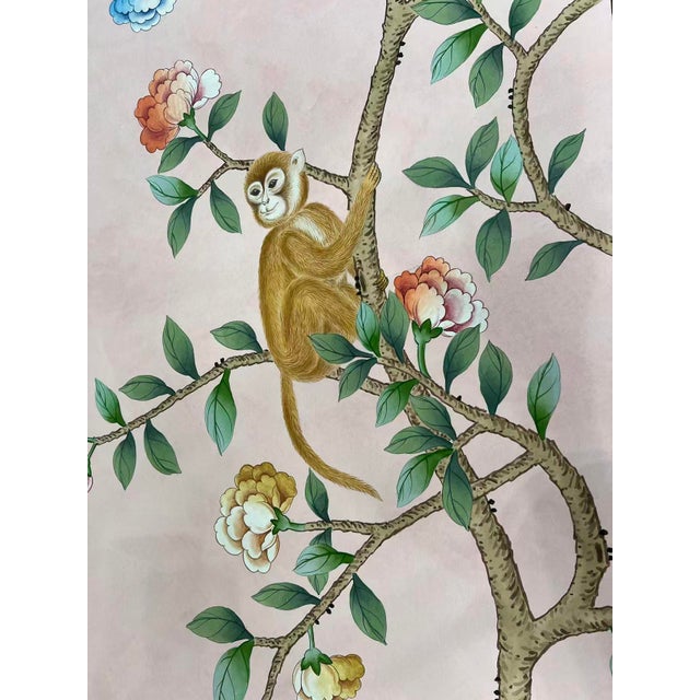 Hand-Painted Chinoiserie Botanical Mural Wallpaper on Pink Edo Xuan Paper, Set of 4 Panels For Sale - Image 4 of 9