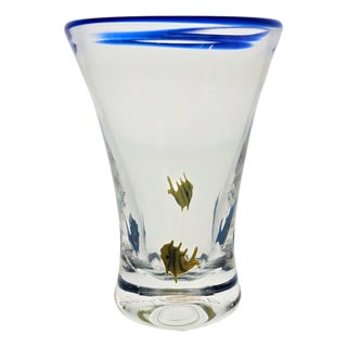 Annieglass Tropical Fish Art Glass Vase Blue Rim 5.5" Santa Cruz For Sale