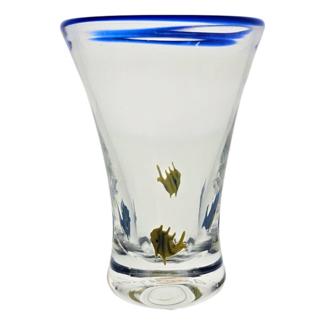 Annieglass Tropical Fish Art Glass Vase Blue Rim 5.5" Santa Cruz For Sale