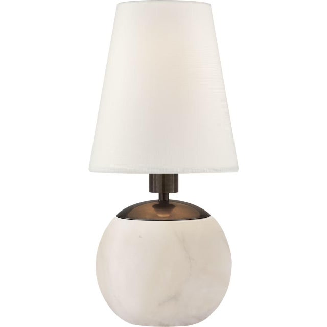 Modern Thomas O'Brien by Visual Comfort Signature Tiny Terri Round Accent Lamp in Alabaster with Linen Shade For Sale - Image 3 of 3