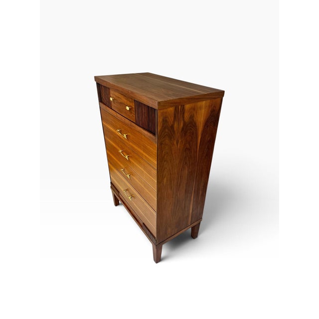 Refinished 1960s Mid Century Modern Walnut Tallboy Dresser | Vintage Walnut Crescent Series S-2430 Highboy Chest | Fluted Louvered Accent Drawer For Sale In Saint Louis - Image 6 of 12