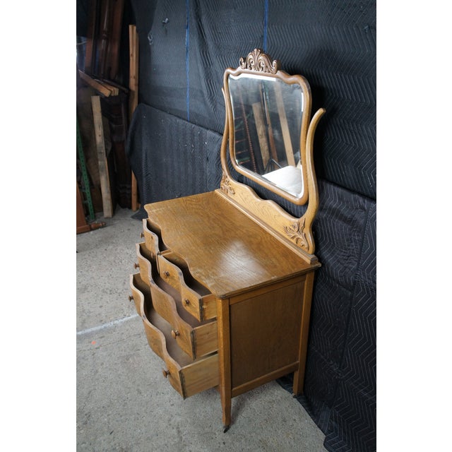 Brown Antique Victorian Quartersawn Oak Serpentine Oxbow Dresser & Mirror Washstand For Sale - Image 8 of 12