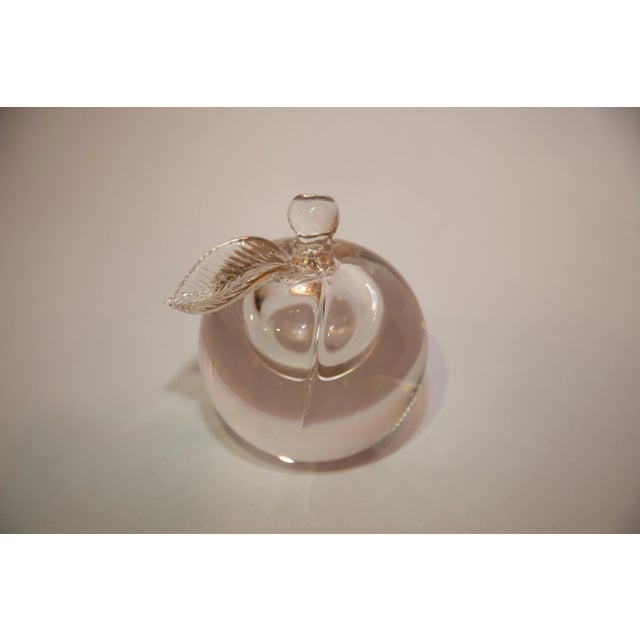 Glass apple Murano paperweight. Beautifully etched information on the bottom "Barbini Murano for Oggetti". Air bubble...
