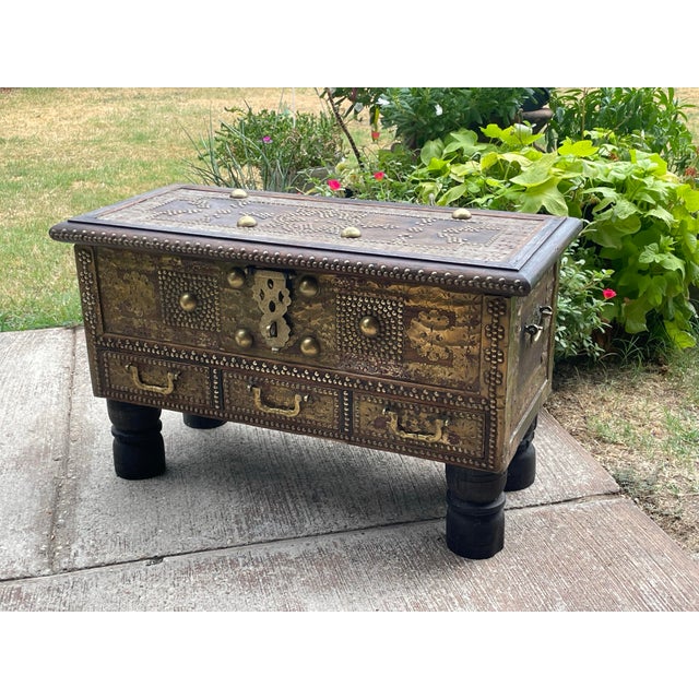 Indian Zanzibar Blanket Chest Teak Wood With Brass Metal Overlay For Sale - Image 3 of 12