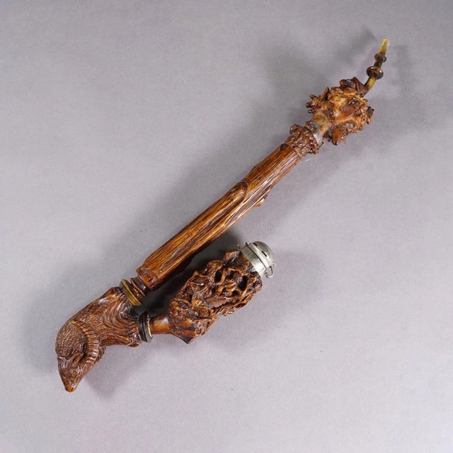 Carved Black Forest Tobacco Pipe, Germany ca. 1900 An antique handcarved wood tobacco pipe with fine carved hunting...