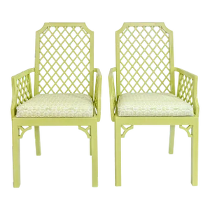 Set of 2 Green Lattice Detailed Chairs With Palm Orleans Tulipes De Marche in Garden District Fabric