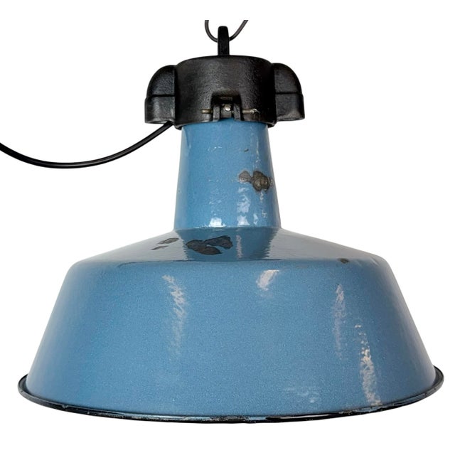 Industrial Blue Enamel Factory Lamp with Cast Iron Top, 1960s For Sale - Image 18 of 18