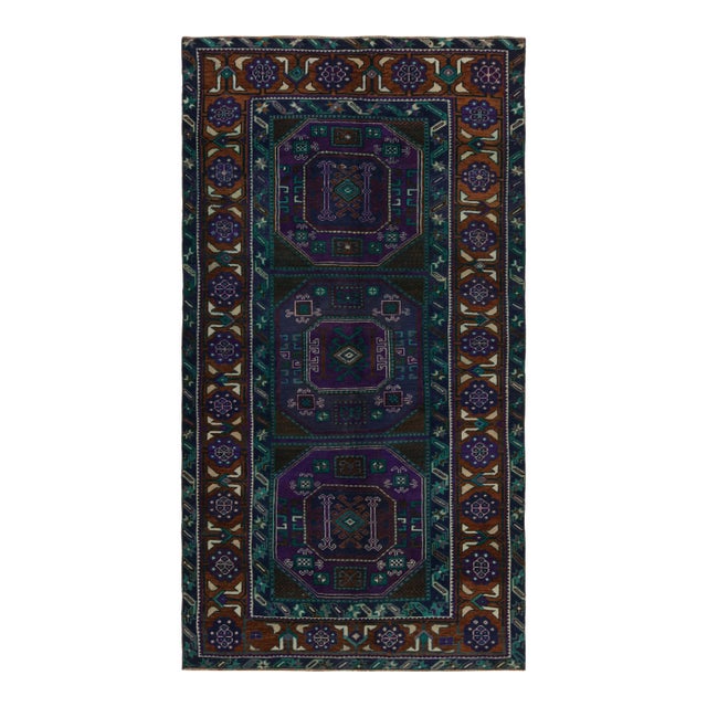 1950s Vintage Oushak Runner Rug in Teal With Geometric Pattern From Rug & Kilim For Sale