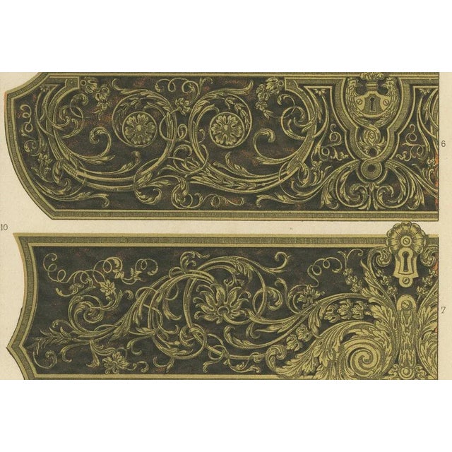 After Racinet, 17th-18th Century French Decorative Panels with Gilded Scrollwork and Inlay, 1869, Print For Sale - Image 5 of 10