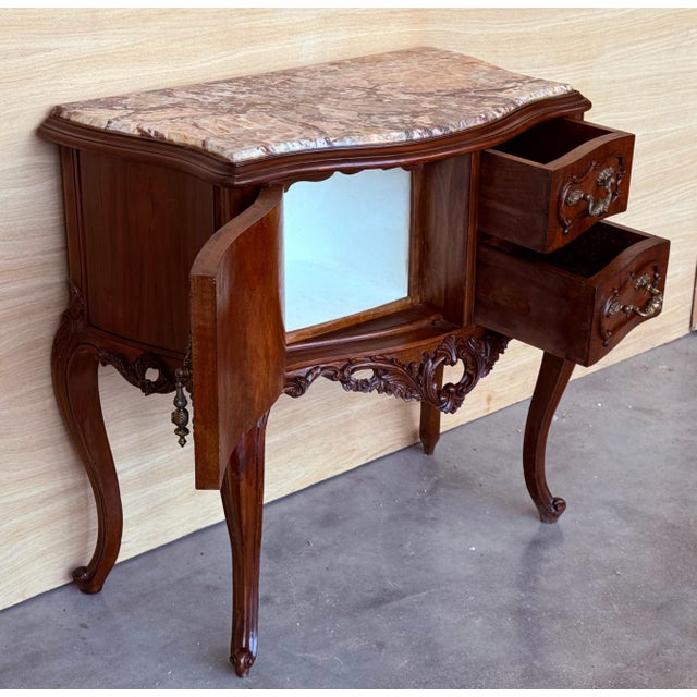Brown Carved French Nightstands with doors and Marble Top, 1930s, Set of 2 For Sale - Image 8 of 18