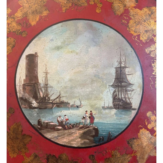 French 19th Century French Hand-Painted Tole Tray With Harbor Scene For Sale - Image 3 of 8