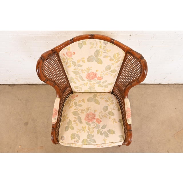 2000 - 2009 Ethan Allen Regency Faux Bamboo and Cane Wingback Upholstered Lounge Chair For Sale - Image 5 of 12