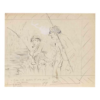 Mino Maccari, The Fishermen, Watercolor Drawing, 1930s For Sale