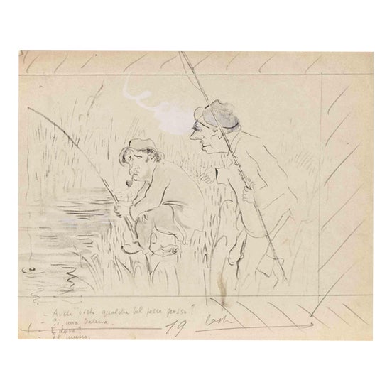 Mino Maccari, The Fishermen, Watercolor Drawing, 1930s For Sale