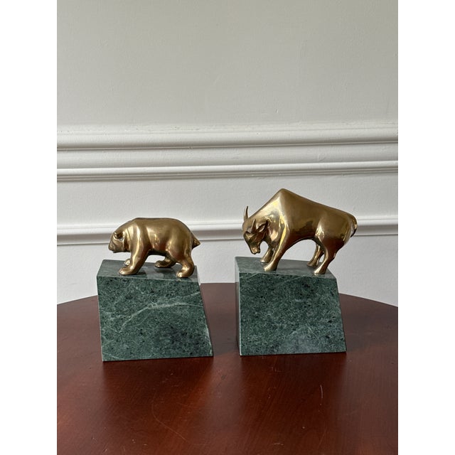 Mid-Century Modern Mid 20th Century Brass Bull and Bear on Marble Bookends - a Pair For Sale - Image 3 of 12