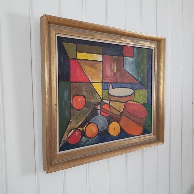 This 1961 swedish mid-century modern oil painting is a striking triumph of post-war cubism and geometric abstraction....