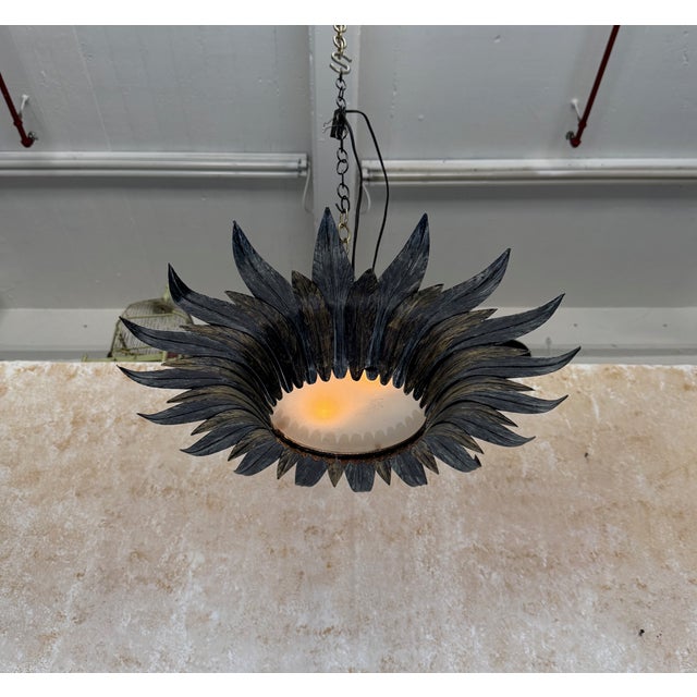 Mid-Century Modern Spanish 1950s Sunburst Leaf Ceiling Fixture With Frosted Glass For Sale - Image 3 of 14