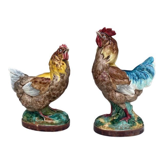French Majolica Rooster & Hen Circa 1890-A Pair For Sale