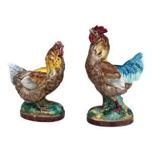 French Majolica Rooster & Hen Circa 1890-A Pair